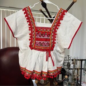 Traditional Mexican Hand Embroidered Blouse Cotton Folk Peasant Top Pom Pom
